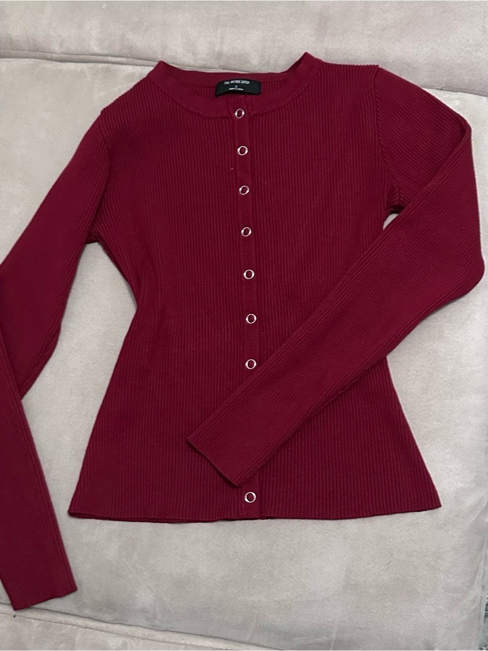 The Works Shop Ribbed Snap-Front Long Sleeve Top in Burgundy